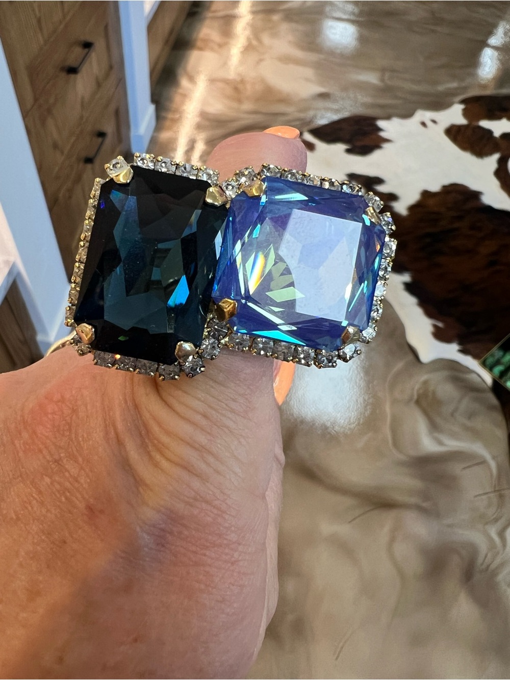 Statement Square Cut Double Cocktail Ring in Deep Teal and Iridescent Blue